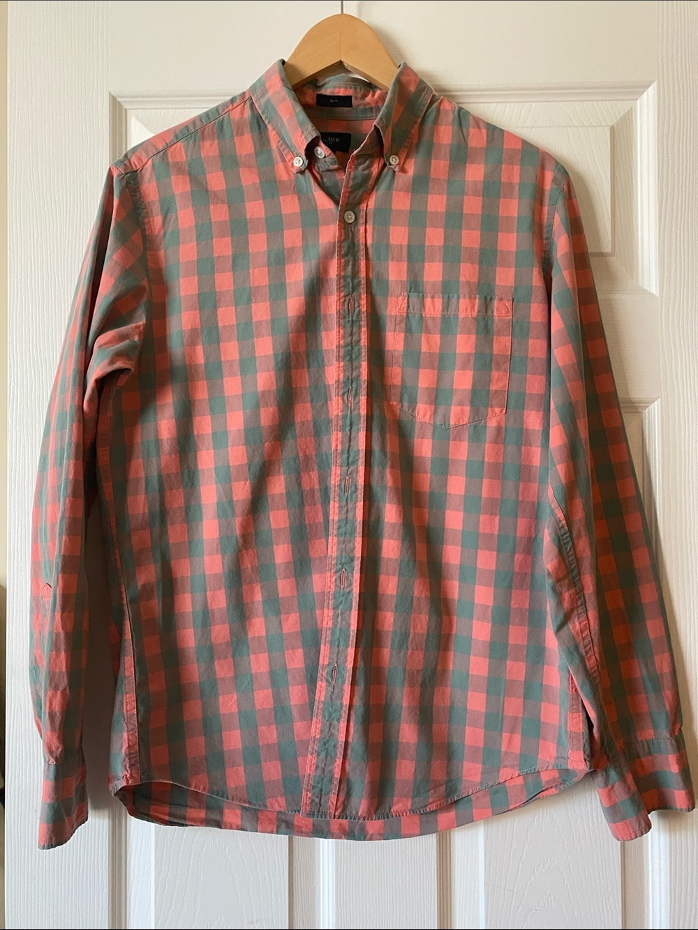 J. Crew Coral and Teal Check Button-Down Shirt
